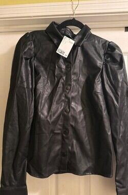 H&M Black Faux Leather Button-Up Puff Sleeve Shirt